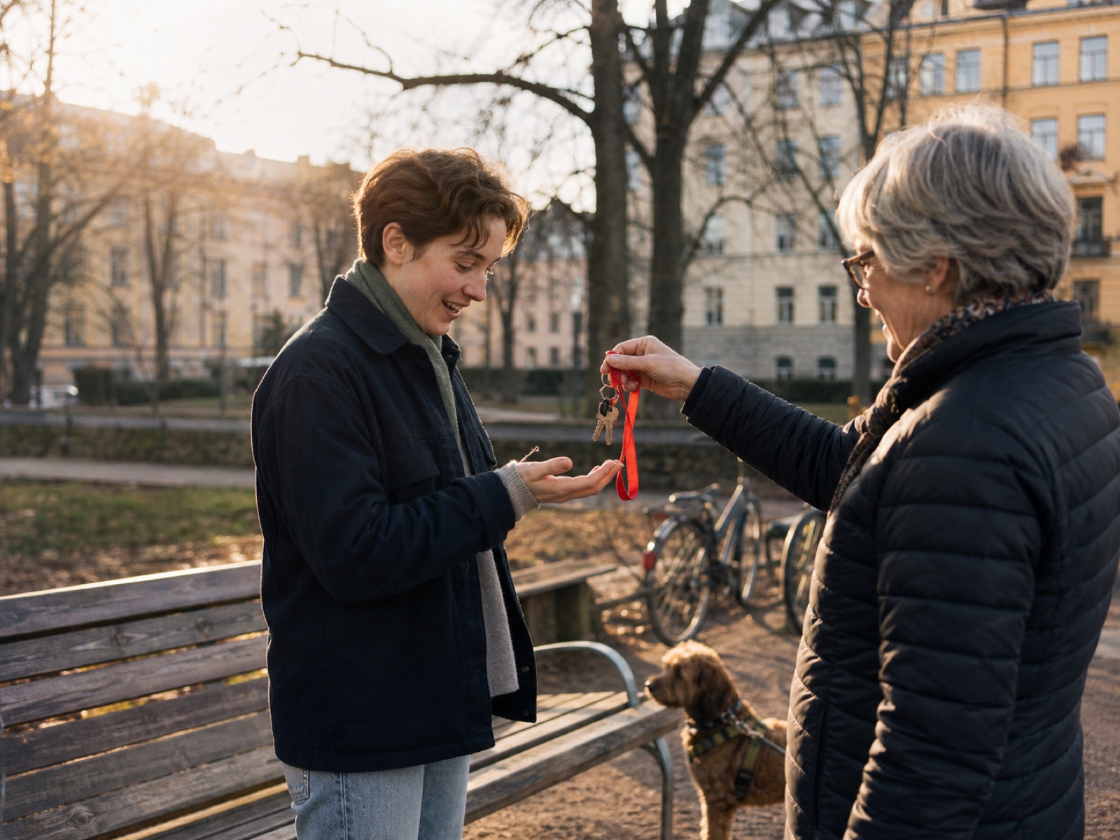An older neighbour returning keys on a red lanyard to their relieved owner beside a Stockholm park bench
